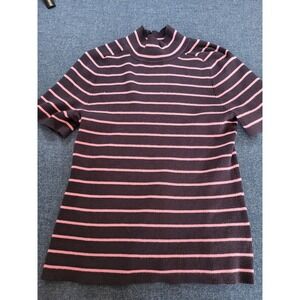 FREE ASSEMBLY Mock Neck Short Sleeve Striped Knit Top Women's XL Navy Pink